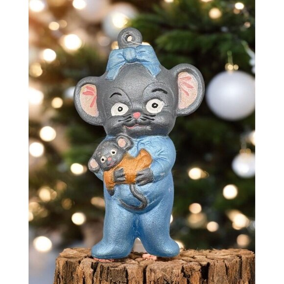 Vintage Sleepy Mouse Christmas Ornament Hand Painted Blue Pajamas - Picture 1 of 6